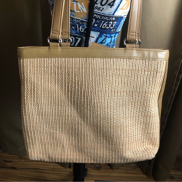 Fossil Woven Fabric Double Strap Shoulder Bag Purse with Plaid Lining - Picture 2 of 16